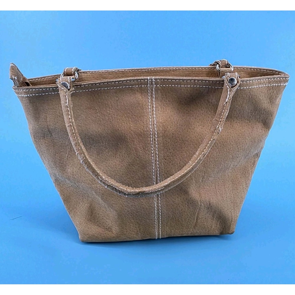 Tan Suede Tote Bag Contrast Stitching Zip Top Small Handbag Brown